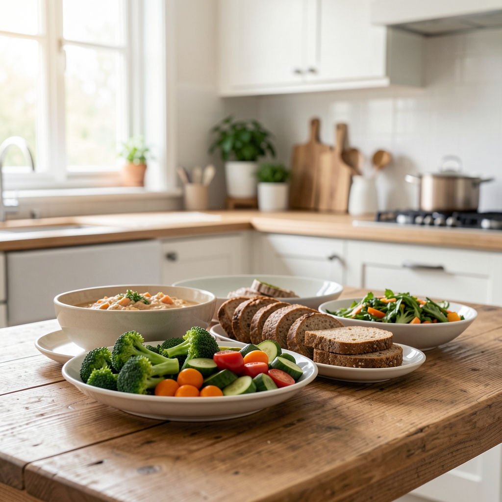 Frisch zubereitete ausgewogene Mahlzeit mit Gemüse und Vollkornprodukten auf einem Holztisch in einer hellen Küche