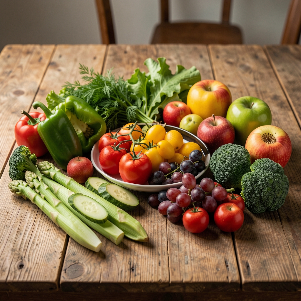 Nahaufnahme von frischem Gemüse und Obst auf einem Holztisch, sorgfältig angeordnet für eine ausgewogene Mahlzeit