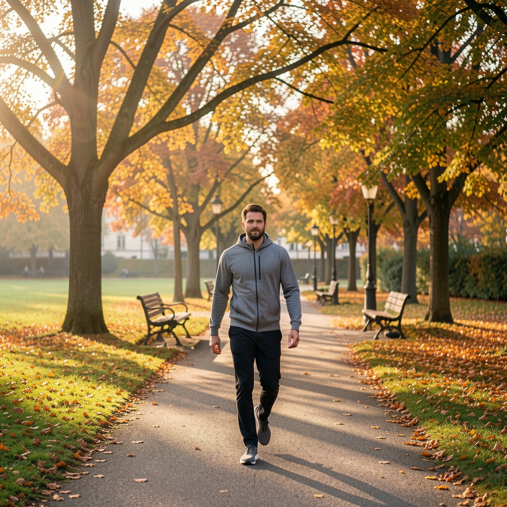 Person beim Spaziergang in einem Zürcher Park, Morgenlicht, Herbstbäume, Bewegungsroutine im Alltag