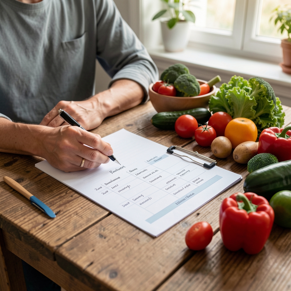 Zwei Personen besprechen einen Ernährungsplan an einem Holztisch mit Notizen und frischem Gemüse